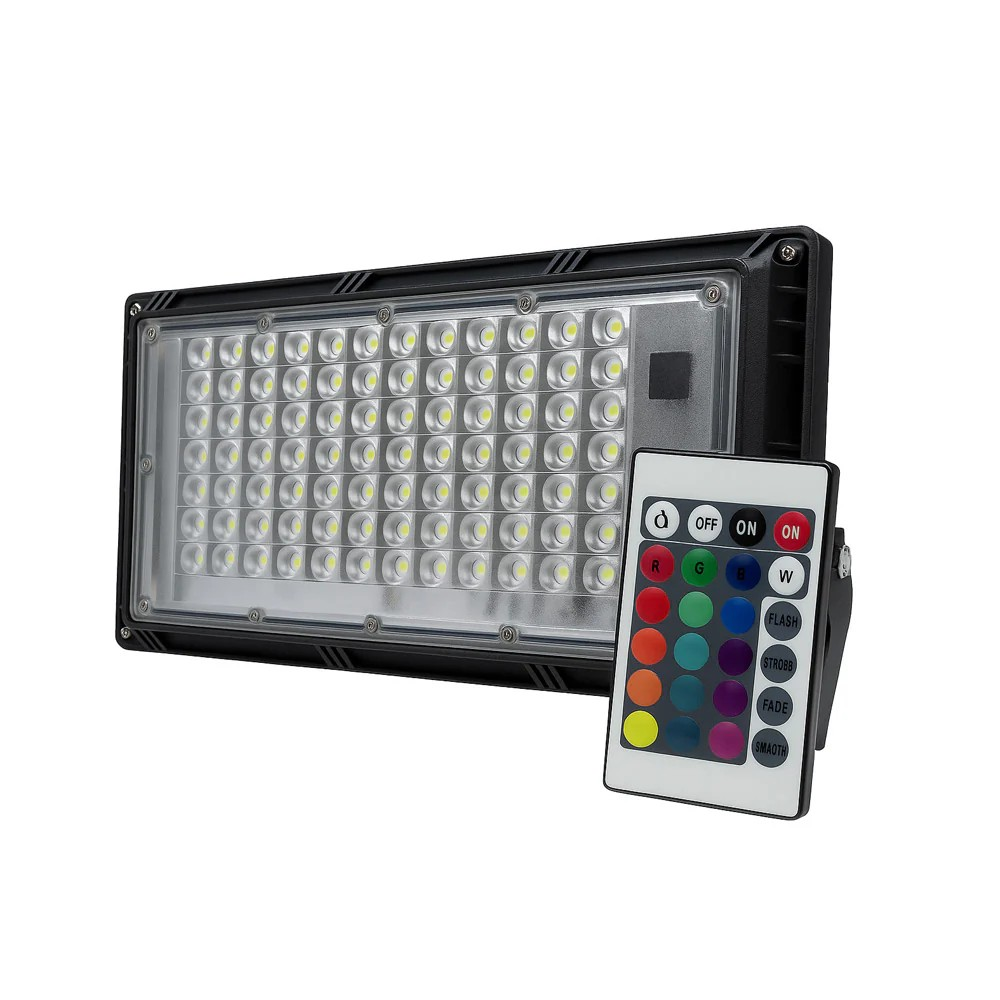 Foco LED RGB Leomax 100W con control remoto – Iluminación exterior multicolor
